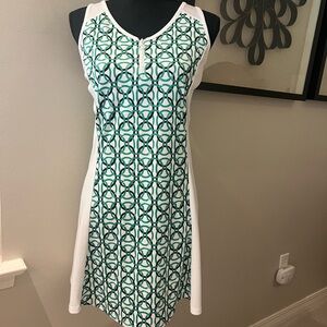 Grand Slam Sleeveless tennis dress White w/Green/Black geometric design